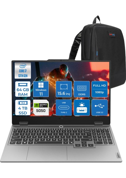 Loq 15IRX10 Intel® Core I7-13700HX 64GB Ddr5 4tb SSD 15.6" 8GB/RTX5050 100W (1920X1080) IPS 300NITS 144Hz, G-Sync® WIN11PRO Gaming BILG.83JE00KMTRP20+ZETTAÇANTA