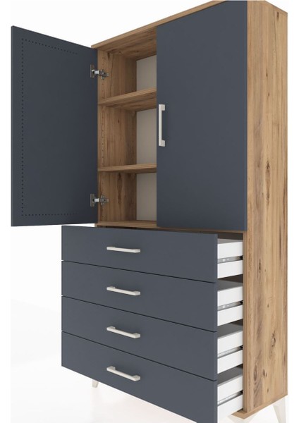 Arges Dolap 3 Raflı 4 Çekmeceli 2 Kapaklı 88X30X163 Çam-Antrasit indirimleri