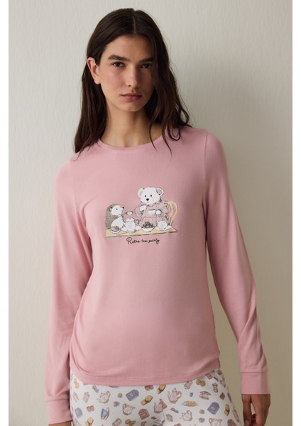 Pembe Tea Party Içecek Desenli Bisiklet Yaka Uzun Kollu Pijama Üstü