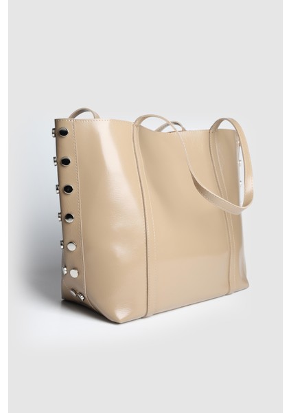 Lagraccio Paris Kadın Geme Zımba Detaylı Büyük Boy Omuz Çantası Kırışık Vizon