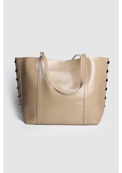 Lagraccio Paris Kadın Geme Zımba Detaylı Büyük Boy Omuz Çantası Kırışık Vizon modelleri