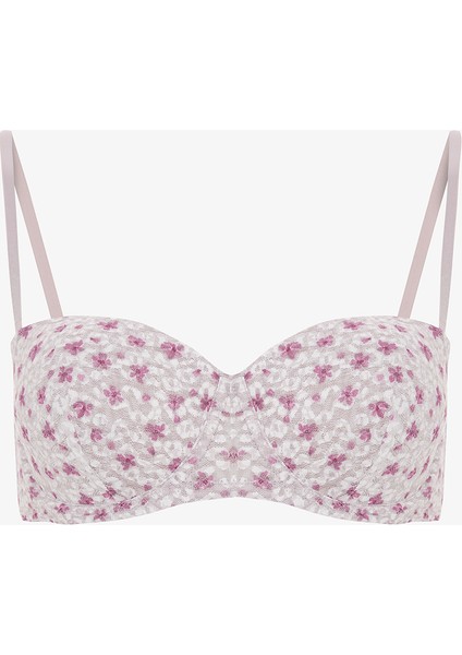 Bej Bloom Çiçek Desenli Dantelli Balenli Push Up Sütyen