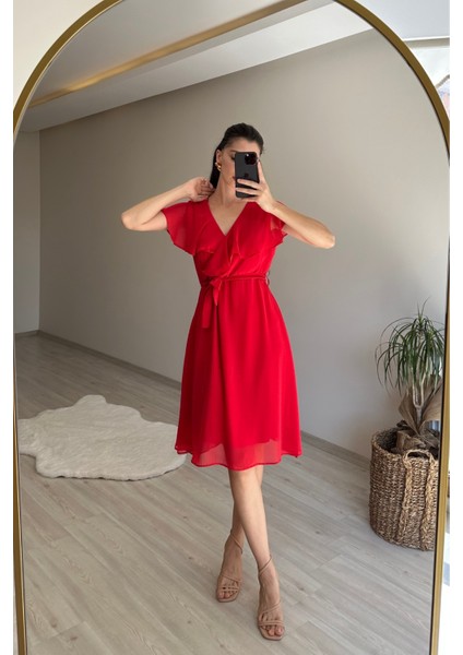 Kadın V Yaka Kuşaklı Mini Şifon Elbise NM007