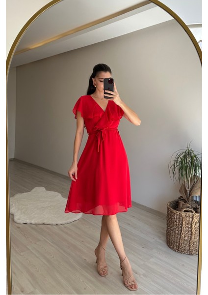 Kadın V Yaka Kuşaklı Mini Şifon Elbise NM007 fiyatları