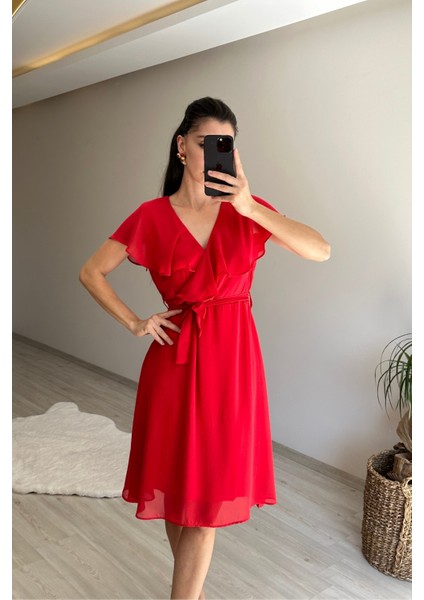 Kadın V Yaka Kuşaklı Mini Şifon Elbise NM007 modelleri