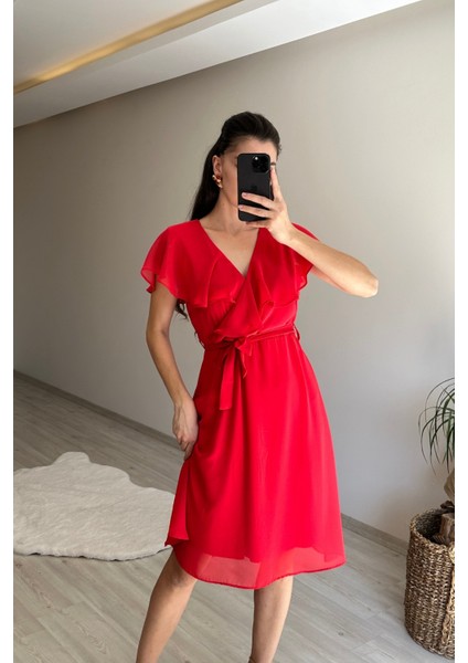 Kadın V Yaka Kuşaklı Mini Şifon Elbise NM007 fırsatları