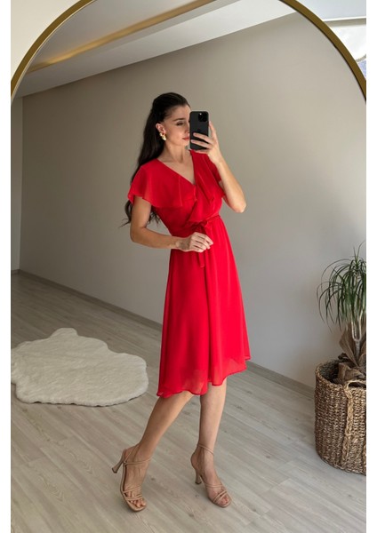 Kadın V Yaka Kuşaklı Mini Şifon Elbise NM007 indirimleri