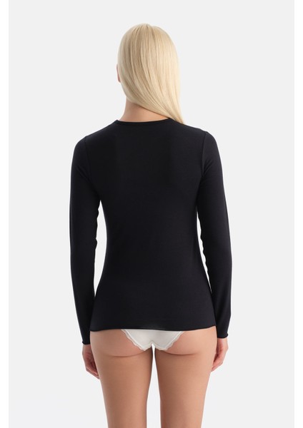 Siyah 5019KC Modal Kaşmir Bisiklet Yaka Uzun Kollu Üst fiyatları