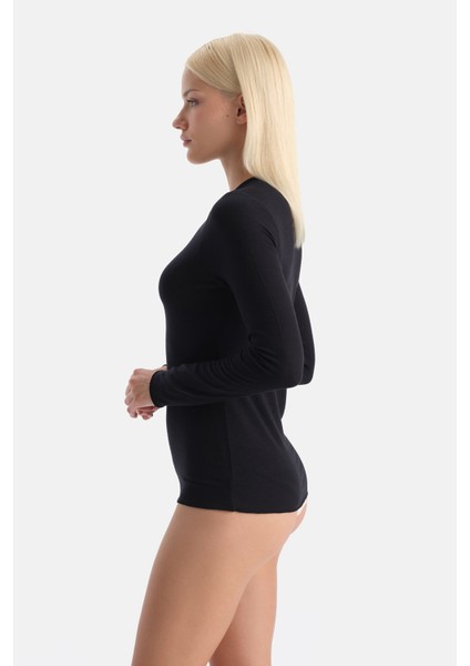 Siyah 5019KC Modal Kaşmir Bisiklet Yaka Uzun Kollu Üst modelleri