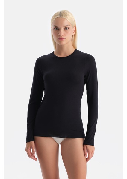 Siyah 5019KC Modal Kaşmir Bisiklet Yaka Uzun Kollu Üst fırsatları