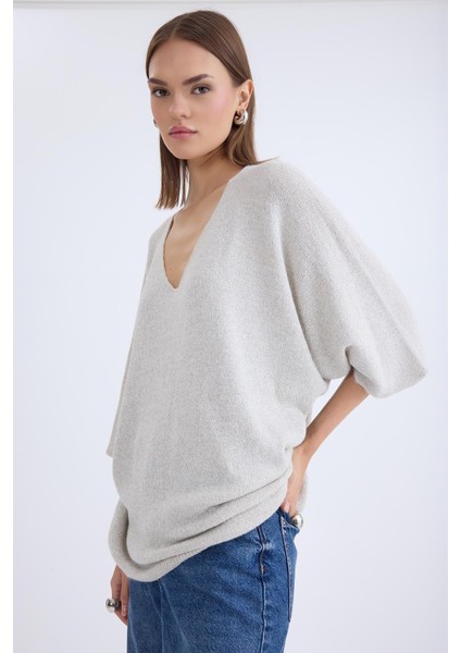 V Yaka Yarım Kol Simli Salaş Bluz