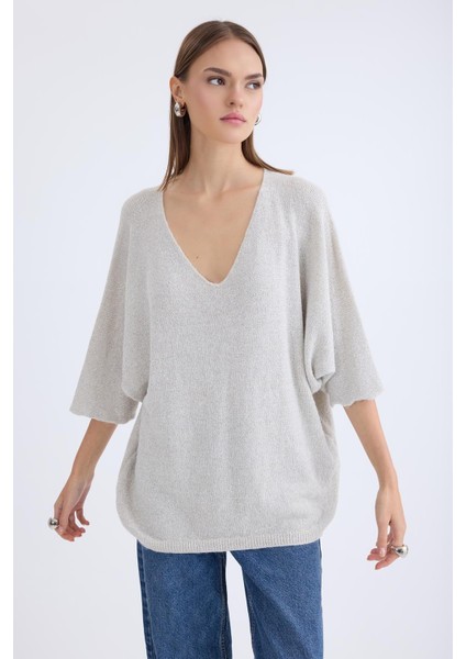 V Yaka Yarım Kol Simli Salaş Bluz modelleri