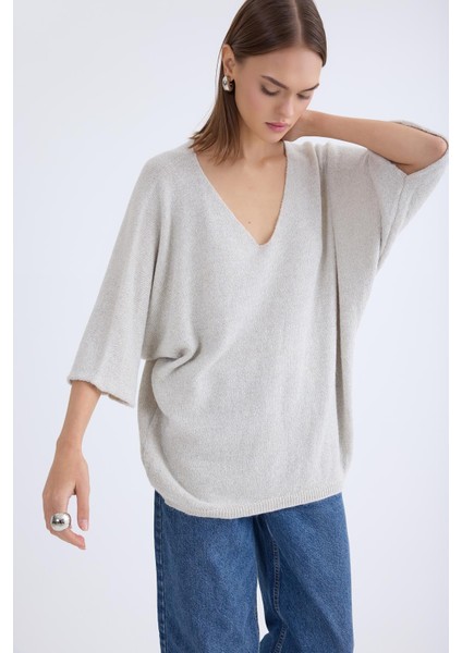 V Yaka Yarım Kol Simli Salaş Bluz indirimleri