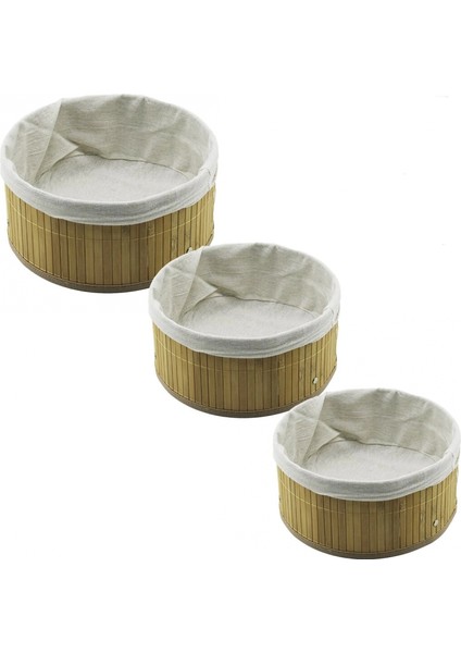 3 Boy Yuvarlak Bambu Kenar Organizer Sepet Ahşap Altlık - Bezli 21X25X28CM (4887)
