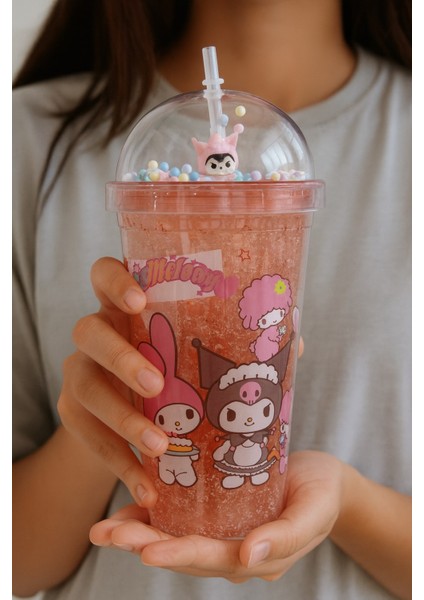 Kuromi Temalı Pembe Suluk Pipetli Buzlu Cam Görünümlü 450 ml Çift Katman Mika Su Şişesi 2647 Pembe