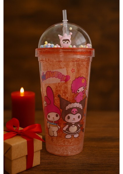 Kuromi Temalı Pembe Suluk Pipetli Buzlu Cam Görünümlü 450 ml Çift Katman Mika Su Şişesi 2647 Pembe fiyatları