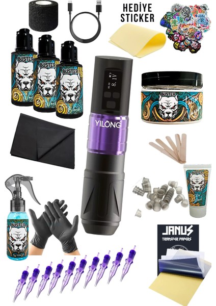 Yılong V2 Purple Kablosuz OLED Ekran Dövme Makinesi Seti - Hafif Kasa Dövme Makinesi Seti