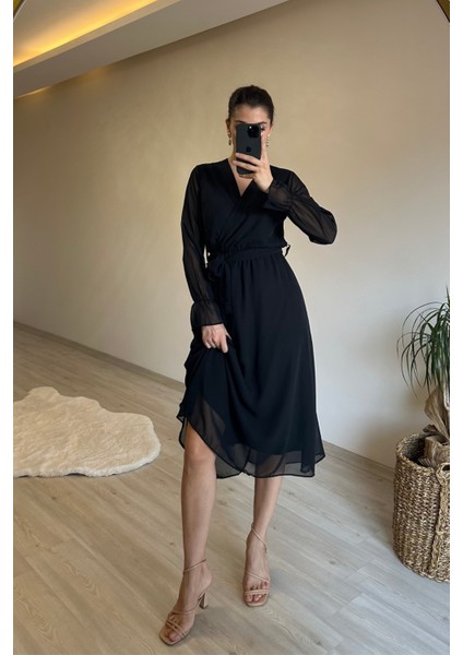 Kadın Midi Boy Kruvaze Yaka Kuşaklı Şifon Elbise NM013 fiyatları