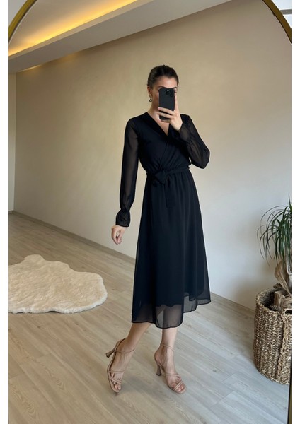 Kadın Midi Boy Kruvaze Yaka Kuşaklı Şifon Elbise NM013 modelleri