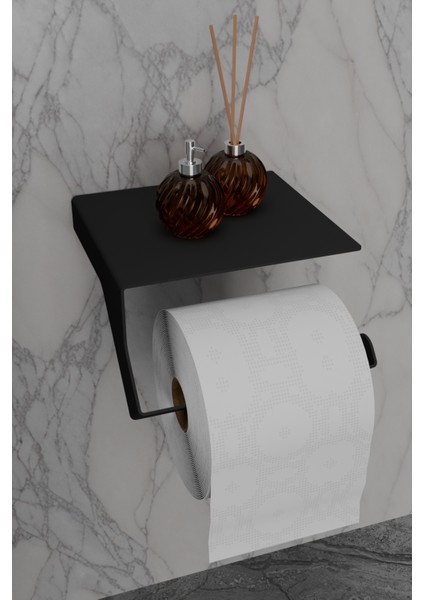 Poligon Serisi Raflı Telefon Standlı Metal Tuvalet Kağıtlığı - Mat Siyah