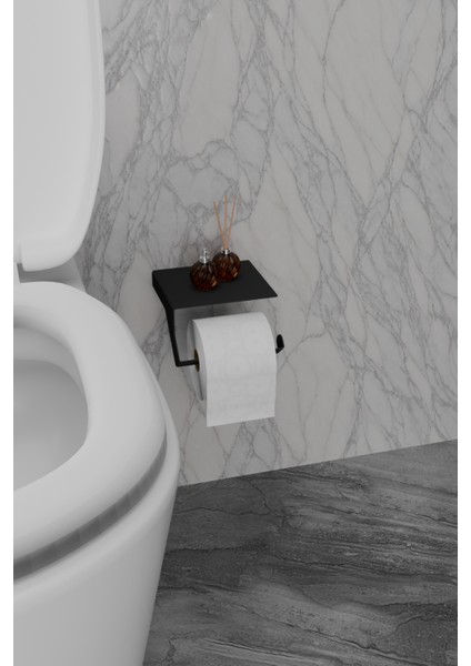 Poligon Serisi Raflı Telefon Standlı Metal Tuvalet Kağıtlığı - Mat Siyah modelleri