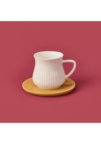 Bambu Tabaklı Çizgili Fincan Seti - Açık Kahverengi / Beyaz - 100 ml