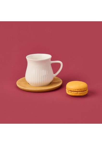 Bambu Tabaklı Çizgili Fincan Seti - Açık Kahverengi / Beyaz - 100 ml fiyatları