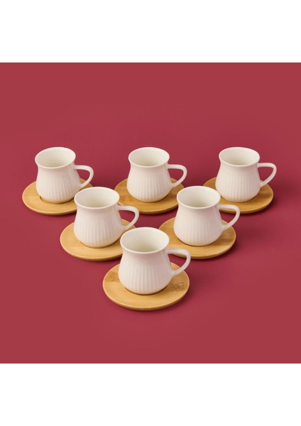 Bambu Tabaklı Çizgili Fincan Seti - Açık Kahverengi / Beyaz - 100 ml modelleri