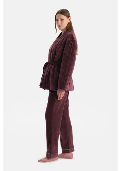 Bordo Çizgi Görünümlü Kadife Sabahlık modelleri