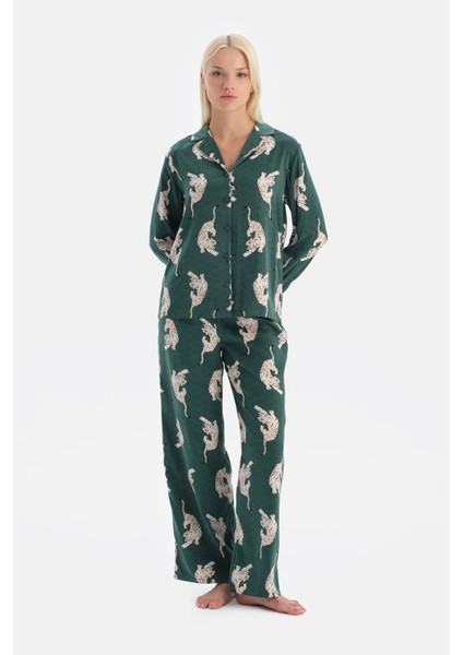 Koyu Yeşil Leopar Desenli Saten Pantolon fırsatları