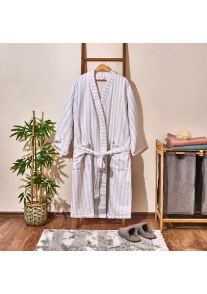 Soft Kimono Çizgili Erkek Bornoz - Beyaz / Mavi - L / Xl