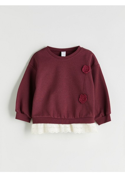 Yeni Sezon Bisiklet Yaka Çiçek Aplikeli Kız Çocuk Sweatshirt modelleri