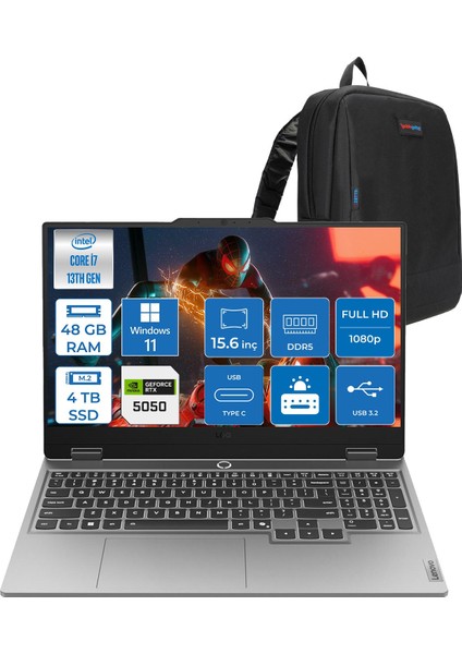 Loq 15IRX10 Intel® Core I7-13700HX 48GB Ddr5 4tb SSD 15.6" 8GB/RTX5050 100W (1920X1080) IPS 300NITS 144Hz, G-Sync® WIN11HOME Gaming BILG.83JE00KMTRH15+ZETTAÇANTA