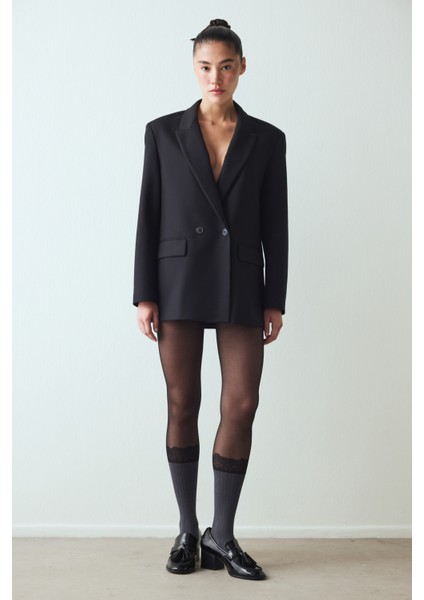 Siyah Ribbed Lace Külotlu Çorap