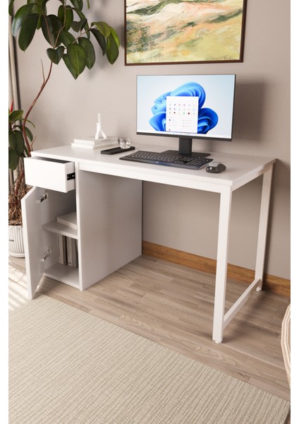 Beyaz 60X120 cm Çalışma Masası, Bilgisayar Masası, Ofis Masası Çekmeceli, Dolaplı, Raflı