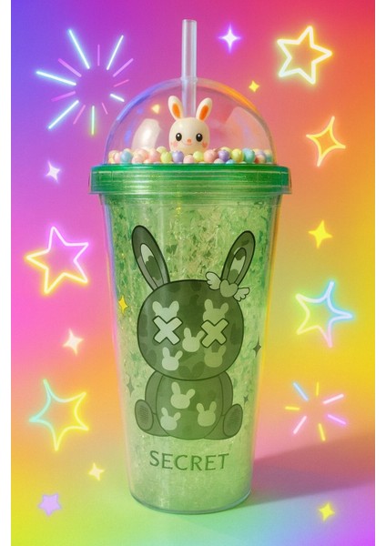 Sevimli Bunny Tavşan Figürlü Renkli Boncuklu Kristal Efektli Tasarım Pipetli Bardak Suluk Yeşil 2087