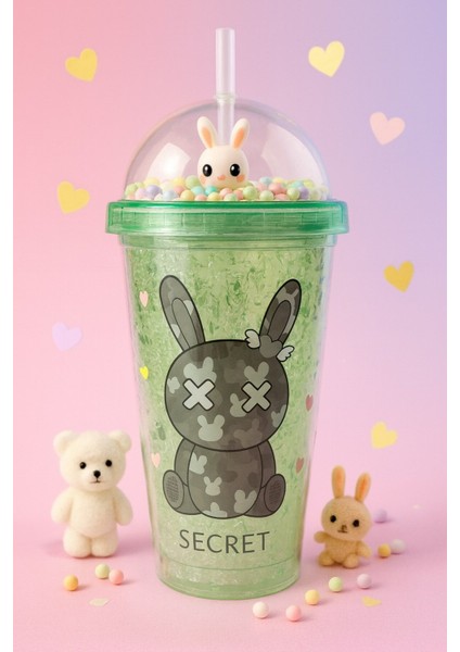 Sevimli Bunny Tavşan Figürlü Renkli Boncuklu Kristal Efektli Tasarım Pipetli Bardak Suluk Yeşil 2087 fiyatları