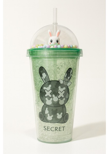 Sevimli Bunny Tavşan Figürlü Renkli Boncuklu Kristal Efektli Tasarım Pipetli Bardak Suluk Yeşil 2087 modelleri