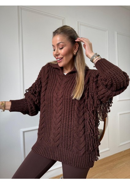 Kahve Saçaklı Kazak indirimleri