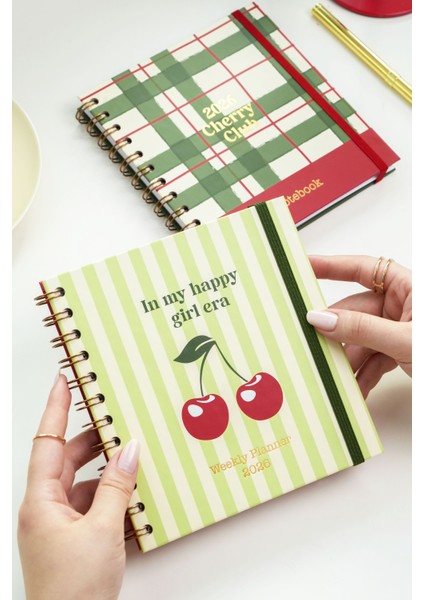 15X15 cm Kare 2'li Set Spiralli 2026 Yılı Haftalık Ajanda ve Defter Kiraz