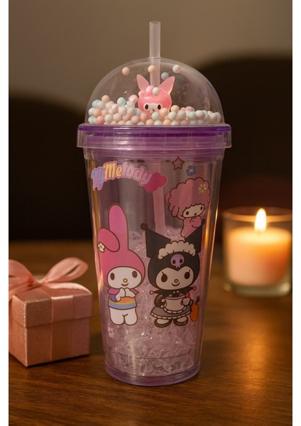 Çocuklar Için Sevimli Renkli Boncuklu Kuromi Tasarımlı Pipetli Içecek Bardağı Suluk Mor 2647