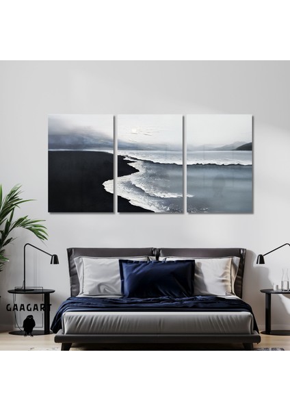 3\'lü Kanvas Tablo Seti Yağlı Boya Görünümlü Gri Siyah Beyaz Deniz Manzarası
