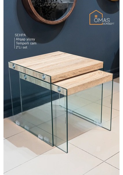 Cemile 2'li Ahşap Yüzeyli Tamperli Camlı Zigon Sehpa Seti fiyatları