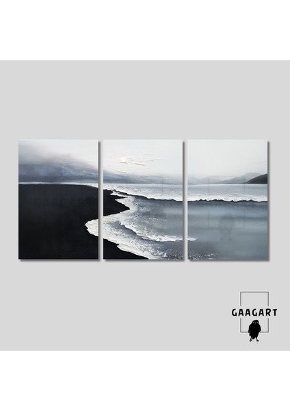 3\'lü Kanvas Tablo Seti Yağlı Boya Görünümlü Gri Siyah Beyaz Deniz Manzarası indirimleri