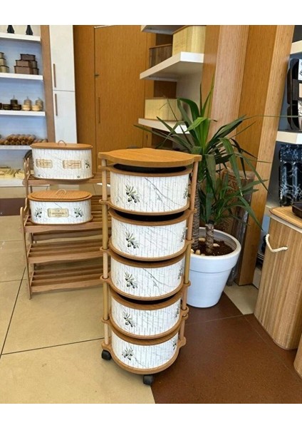 Ahşap Yuvarlak Zeytin Sebzelik 5 Katlı Yana Açılır Patates Soğan Tekerlekli Sebzelik