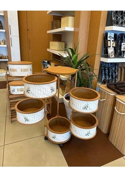 Ahşap Yuvarlak Zeytin Sebzelik 5 Katlı Yana Açılır Patates Soğan Tekerlekli Sebzelik modelleri