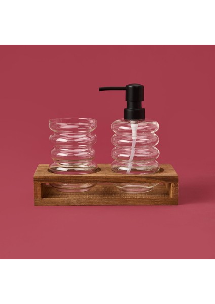 Cam 2'li Halka Sıvı Sabunluk Seti - Şeffaf / Gri / Kahverengi