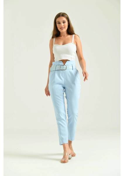 Kadın Pantolon Yüksel Bel Kemer Detay Havuç Pantolon Mavi - T016