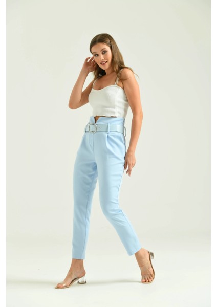 Kadın Pantolon Yüksel Bel Kemer Detay Havuç Pantolon Mavi - T016 fiyatları