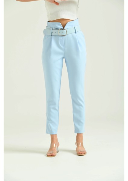 Kadın Pantolon Yüksel Bel Kemer Detay Havuç Pantolon Mavi - T016 fırsatları